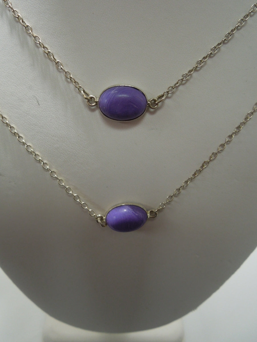 q449 Beautiful Purple Stone and Sterling Silver Link Chain Long Necklace 33"