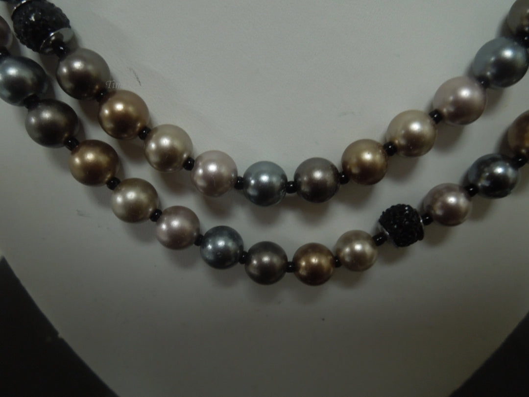 q473 Long Gray Brown Rose Gold Faux Pearl Necklace Size 37" with Rhinestone Beads