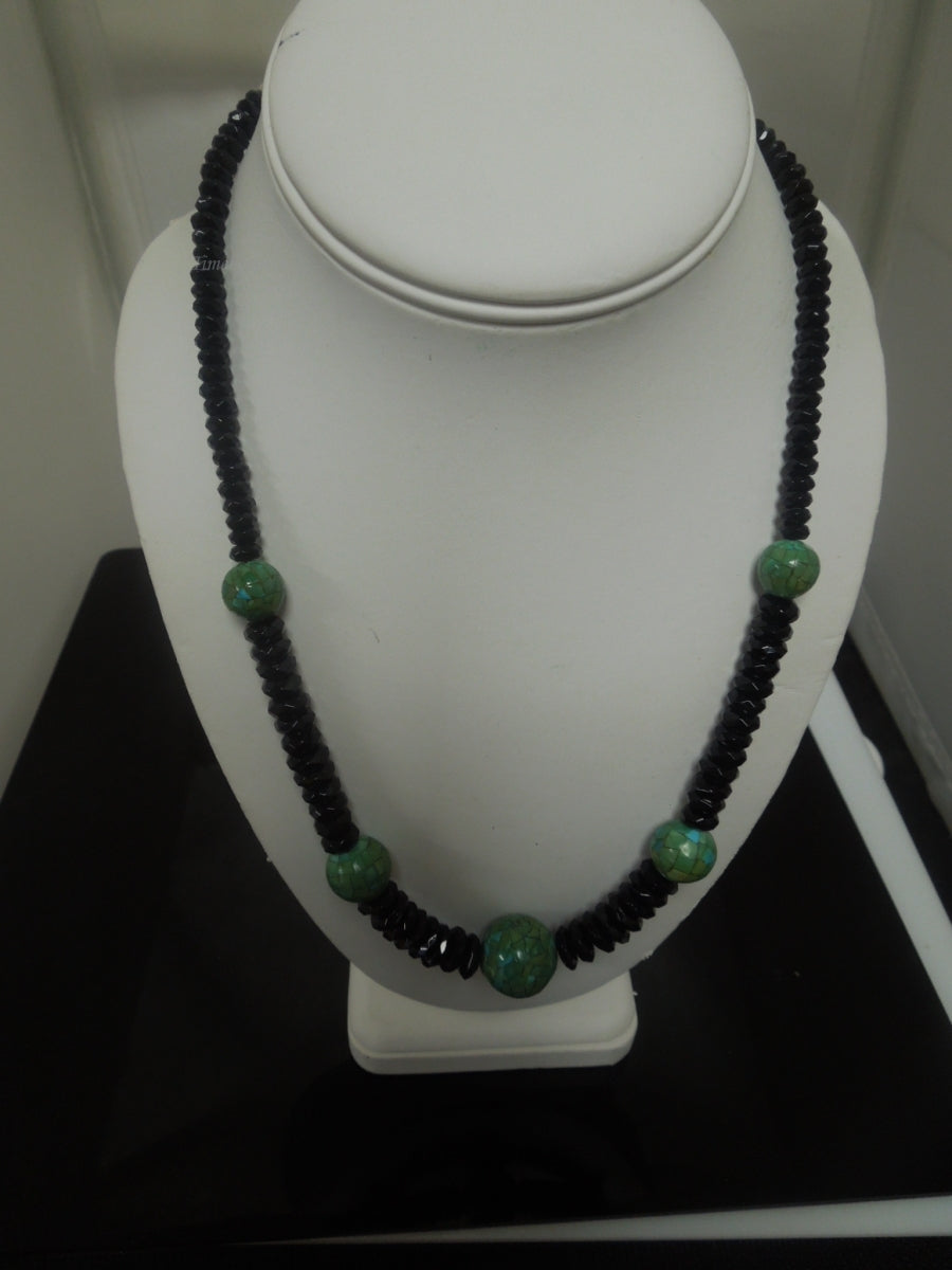 q475 Jay King DTR 925 Black Agate and Green Turquoise Beaded Necklace Signed Silver Clasp