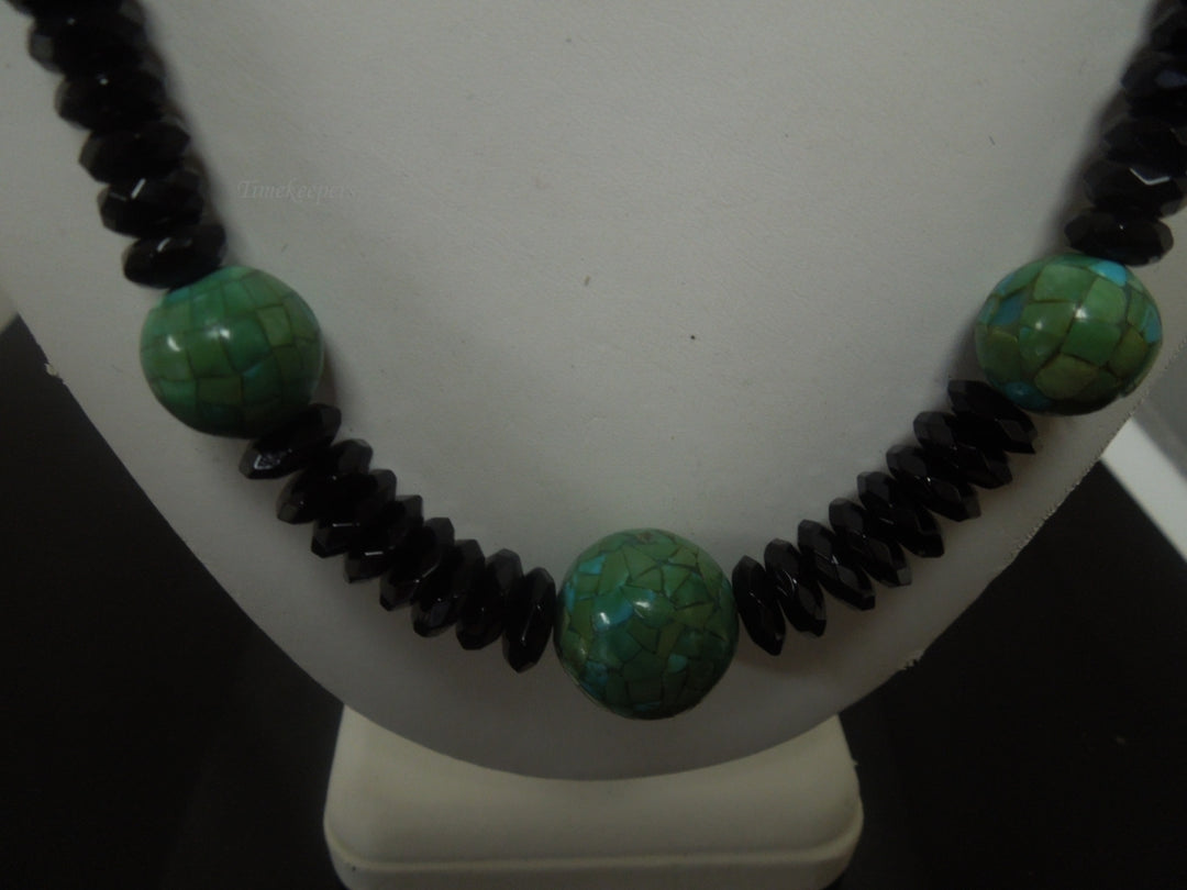 q475 Jay King DTR 925 Black Agate and Green Turquoise Beaded Necklace Signed Silver Clasp