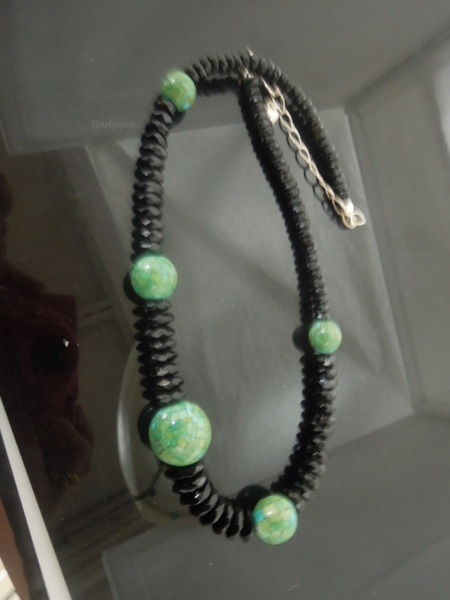 q475 Jay King DTR 925 Black Agate and Green Turquoise Beaded Necklace Signed Silver Clasp