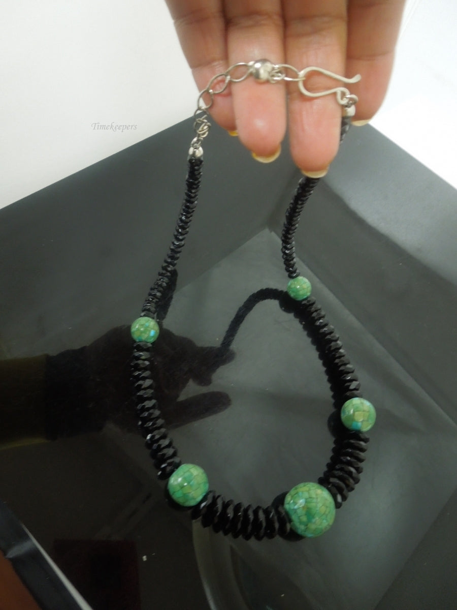 q475 Jay King DTR 925 Black Agate and Green Turquoise Beaded Necklace Signed Silver Clasp