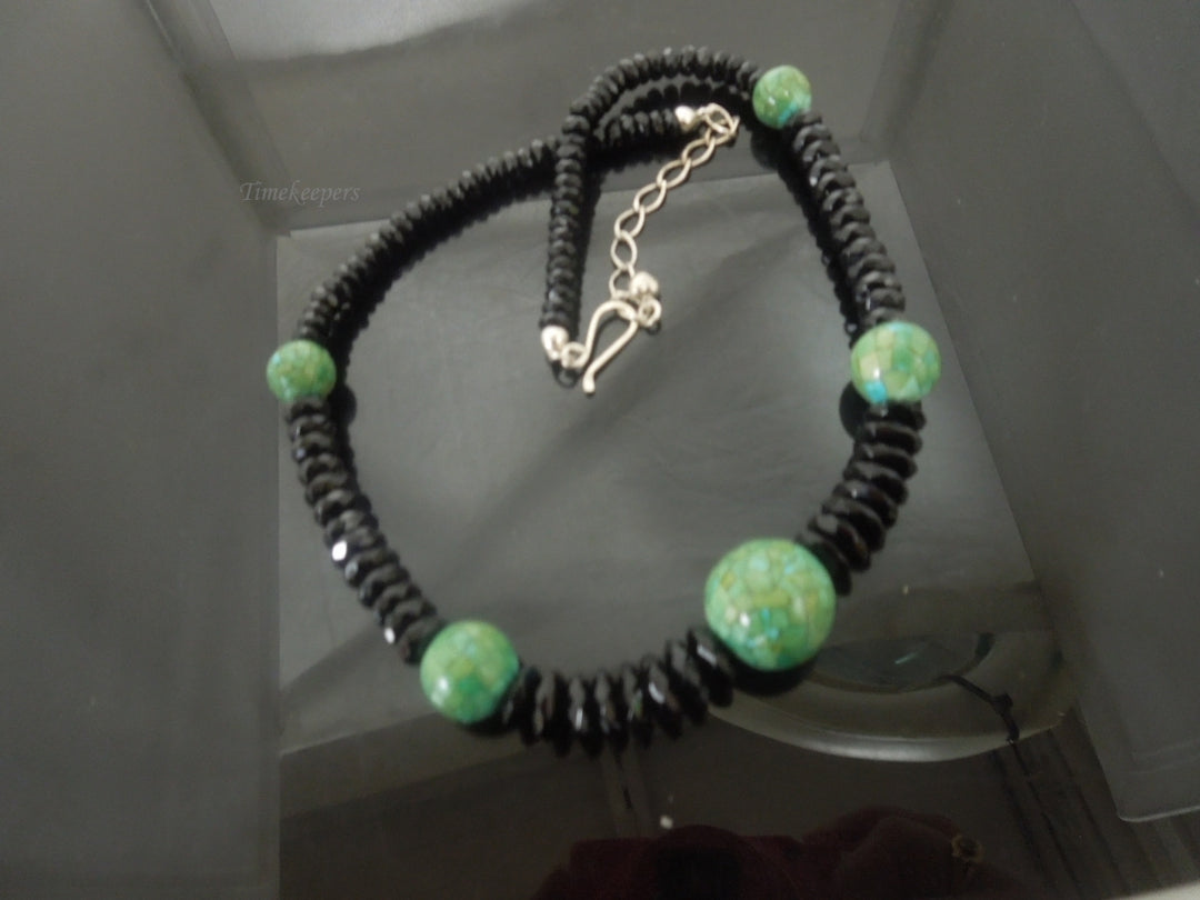 q475 Jay King DTR 925 Black Agate and Green Turquoise Beaded Necklace Signed Silver Clasp