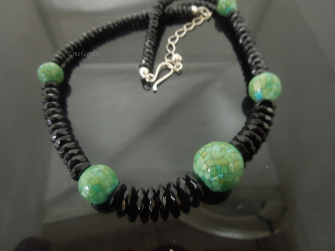 q475 Jay King DTR 925 Black Agate and Green Turquoise Beaded Necklace Signed Silver Clasp