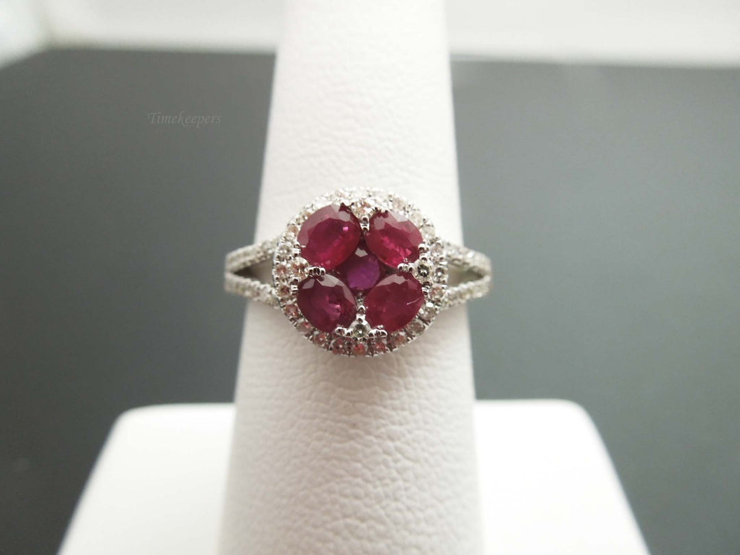 b936 Beautiful 14kt White Gold Ruby and Diamond Halo Style Ring