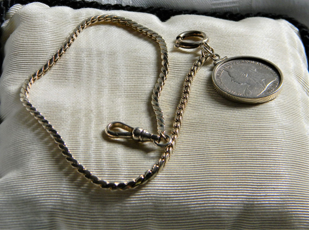 h852 Vintage Gold Tone Pocket Watch Chain with One Shilling Coin 1895