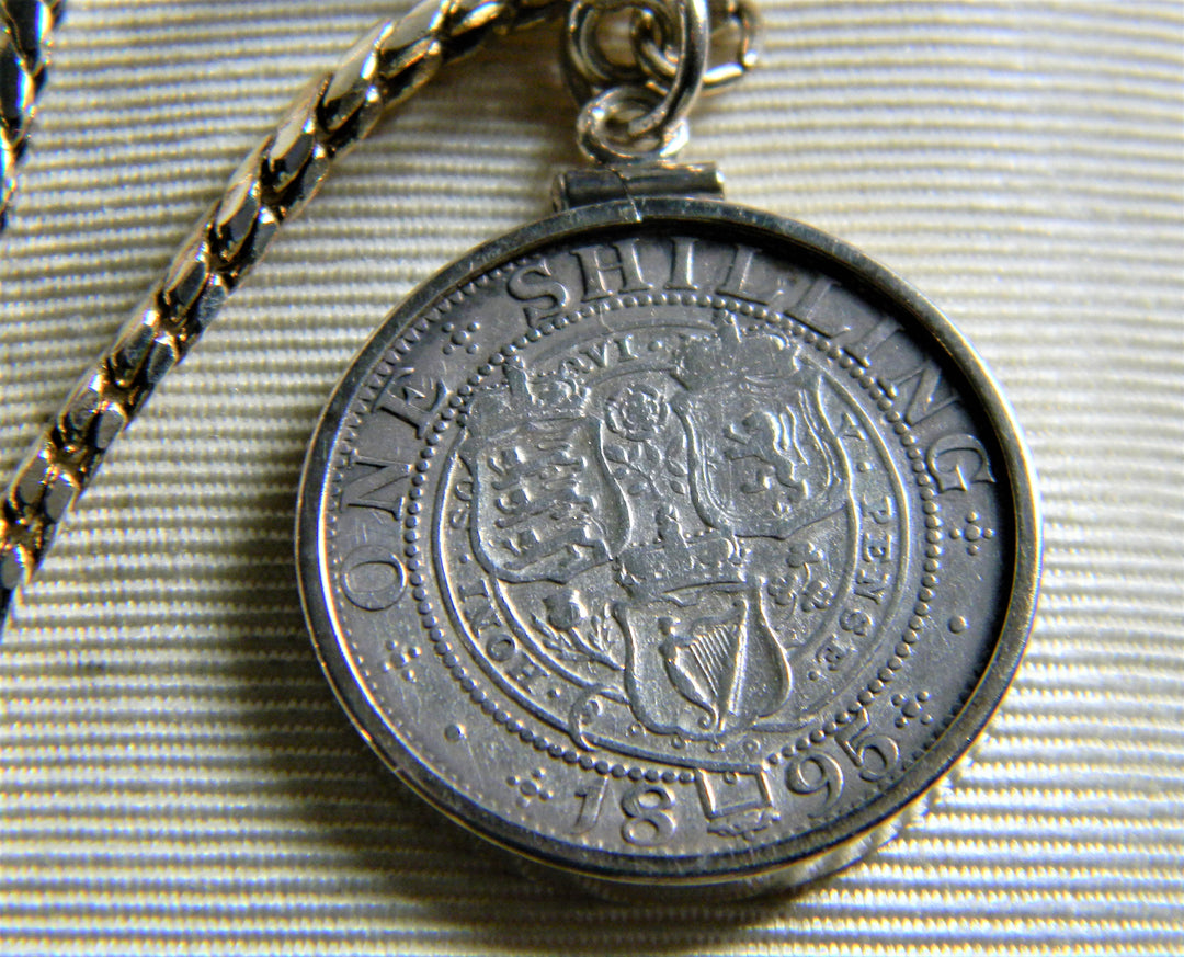 h852 Vintage Gold Tone Pocket Watch Chain with One Shilling Coin 1895