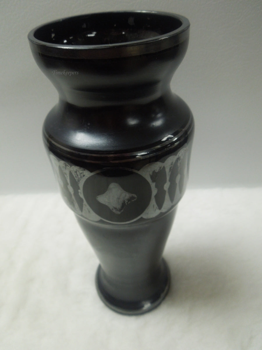 q591 Antique Czechoslovakia Black Amethyst Vase w/ Silver Overlay Art Nouveau Style 9" Tall