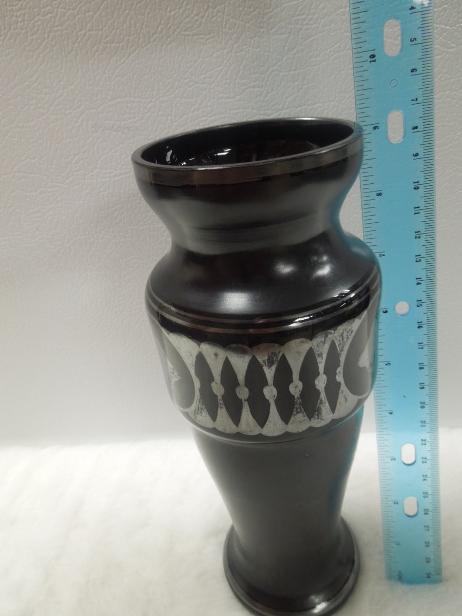 q591 Antique Czechoslovakia Black Amethyst Vase w/ Silver Overlay Art Nouveau Style 9" Tall