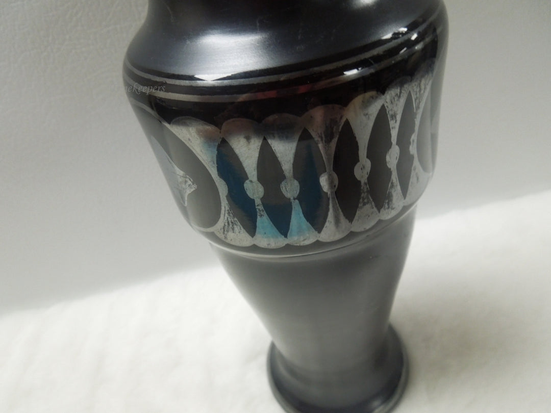 q591 Antique Czechoslovakia Black Amethyst Vase w/ Silver Overlay Art Nouveau Style 9" Tall