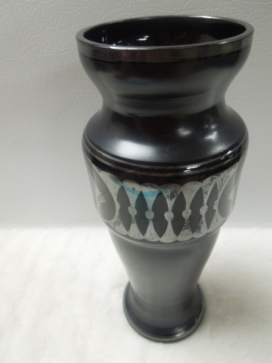 q591 Antique Czechoslovakia Black Amethyst Vase w/ Silver Overlay Art Nouveau Style 9" Tall