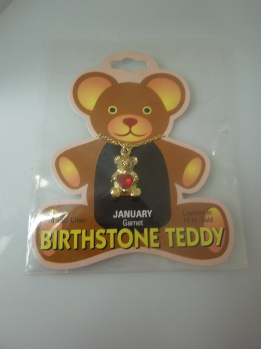 q634 JANUARY Teddy Bear Birthstone Pendant Necklace 18" Gold Plated NEW in Package