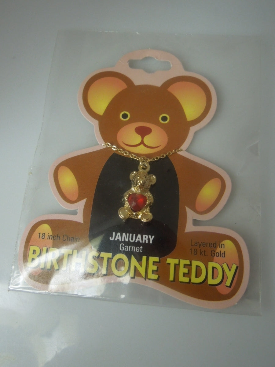 q634 JANUARY Teddy Bear Birthstone Pendant Necklace 18" Gold Plated NEW in Package