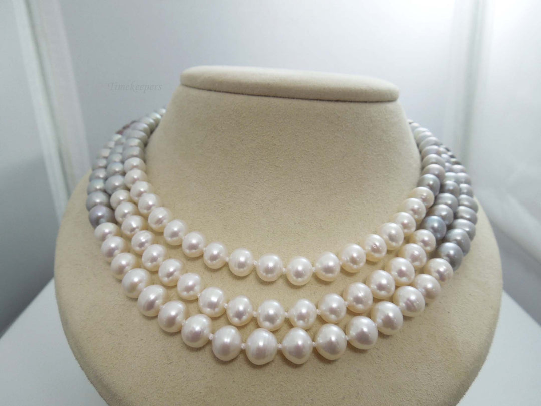 g577 Beautiful Ladies Sterling Silver 3 Strand Tri-Color Freshwater Pearl Necklace