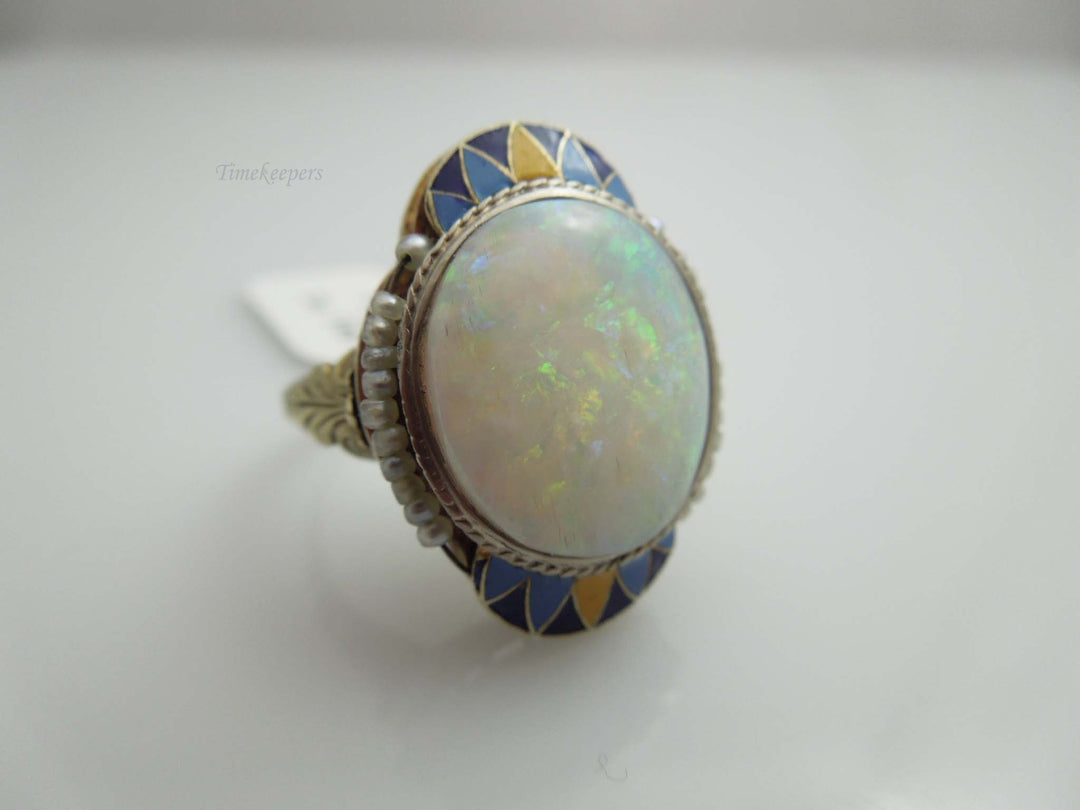 g599 Stunning Antique 14kt Yellow Gold Opal Seed Pearl and Enamel Ring