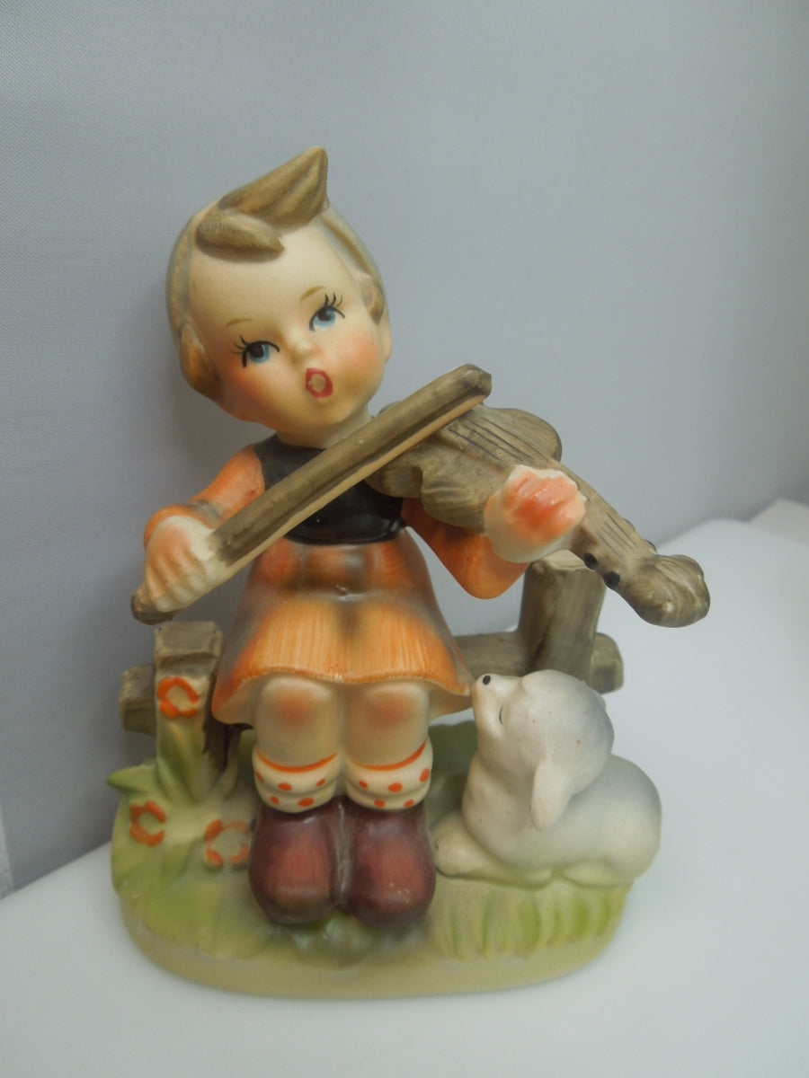 q736 Vintage Napcoware Collectible Figurine Girl on Fence Playing Violin Sheep Japan