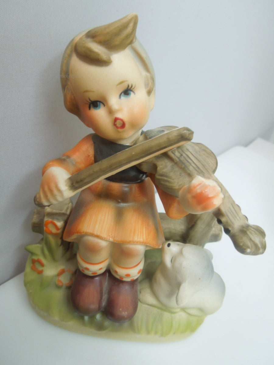 q736 Vintage Napcoware Collectible Figurine Girl on Fence Playing Violin Sheep Japan