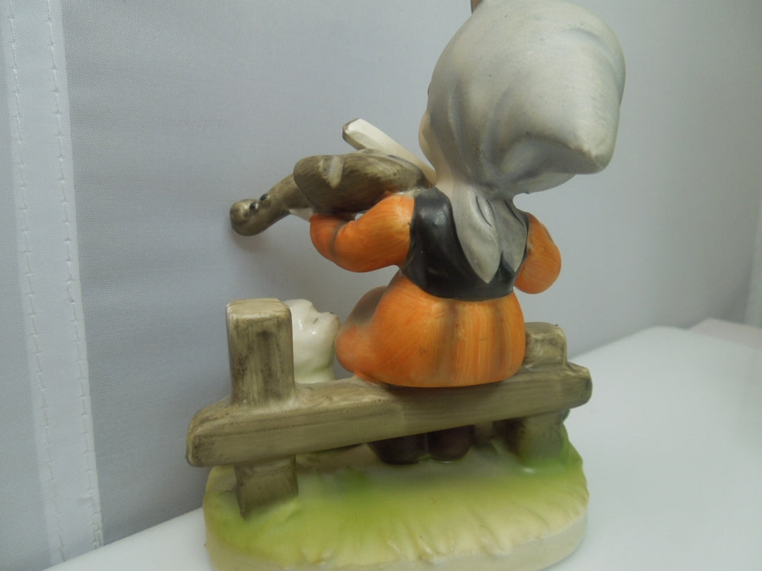 q736 Vintage Napcoware Collectible Figurine Girl on Fence Playing Violin Sheep Japan