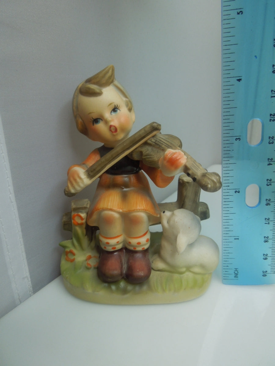 q736 Vintage Napcoware Collectible Figurine Girl on Fence Playing Violin Sheep Japan