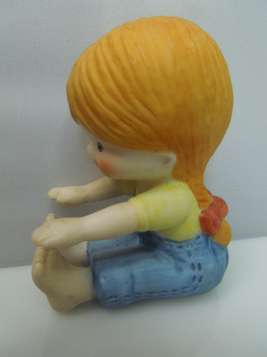 q737 Vintage Set of 2 Country Cousin Girls Doing Leg Lift and Exercise (ENESCO 1981)