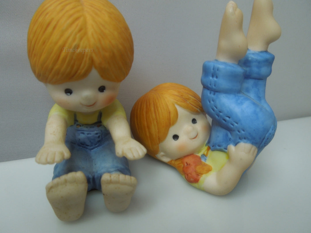 q737 Vintage Set of 2 Country Cousin Girls Doing Leg Lift and Exercise (ENESCO 1981)