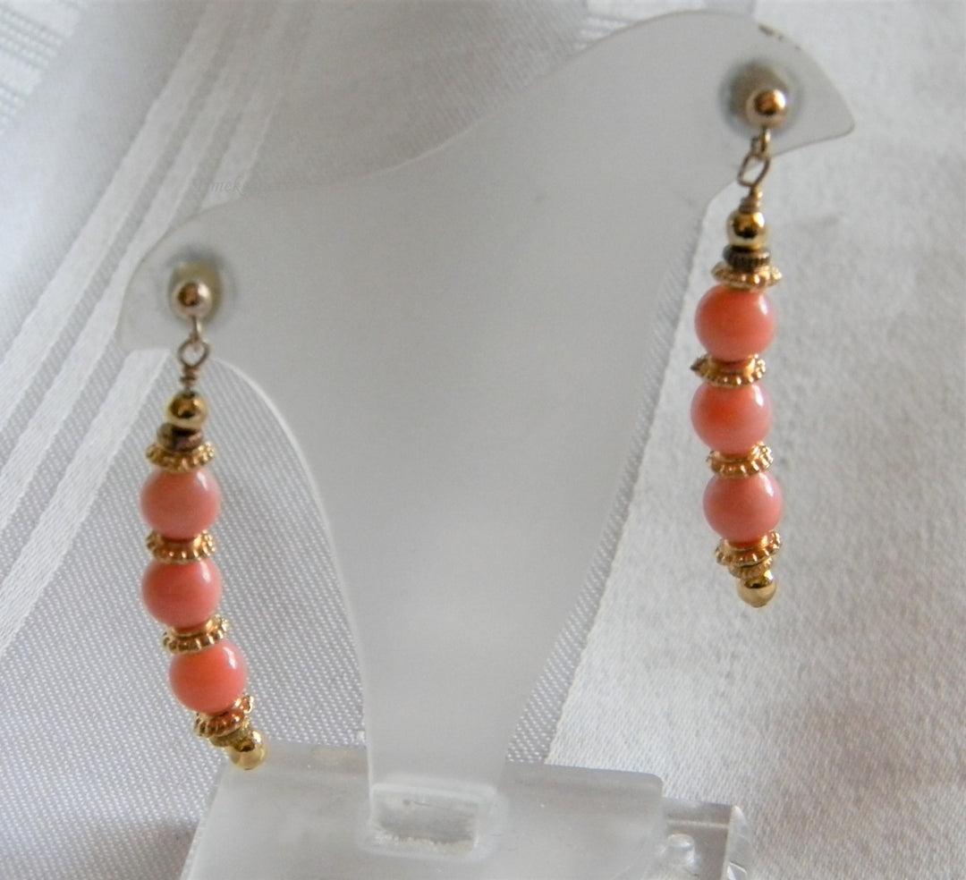 h995 Unique Coral Bead Dangle Earrings on Yellow Gold Filled Posts