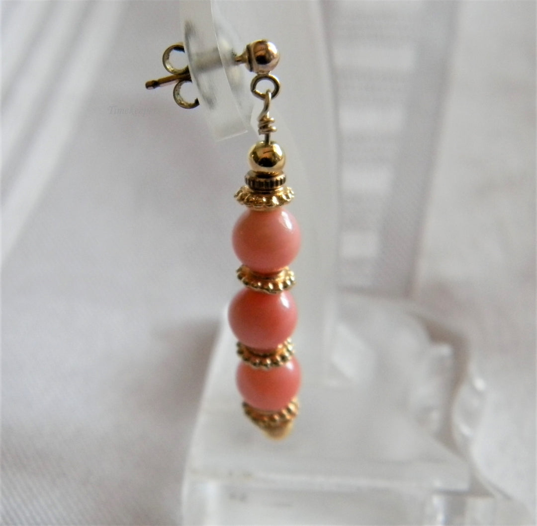 h995 Unique Coral Bead Dangle Earrings on Yellow Gold Filled Posts