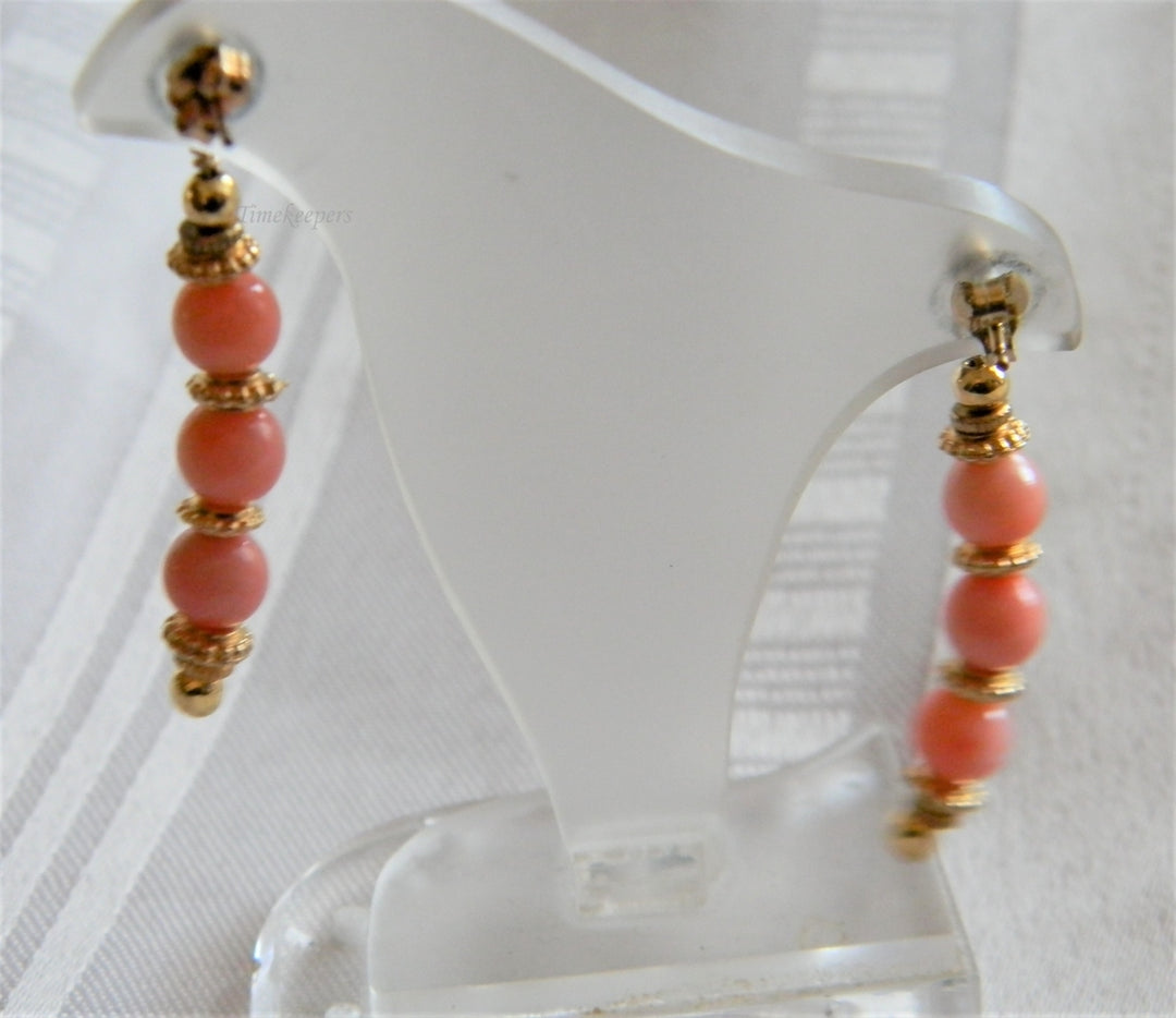 h995 Unique Coral Bead Dangle Earrings on Yellow Gold Filled Posts