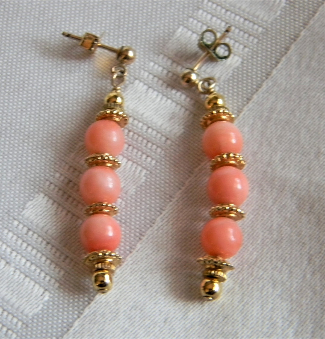 h995 Unique Coral Bead Dangle Earrings on Yellow Gold Filled Posts