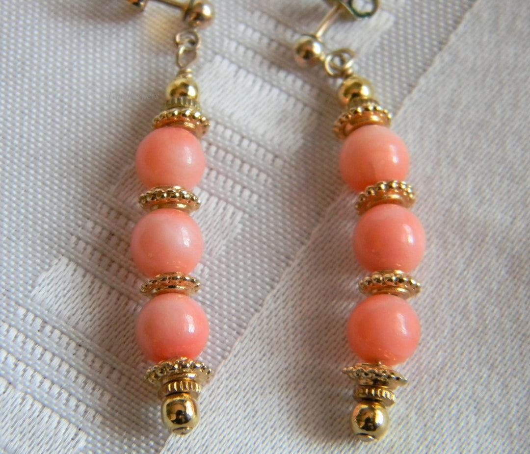 h995 Unique Coral Bead Dangle Earrings on Yellow Gold Filled Posts