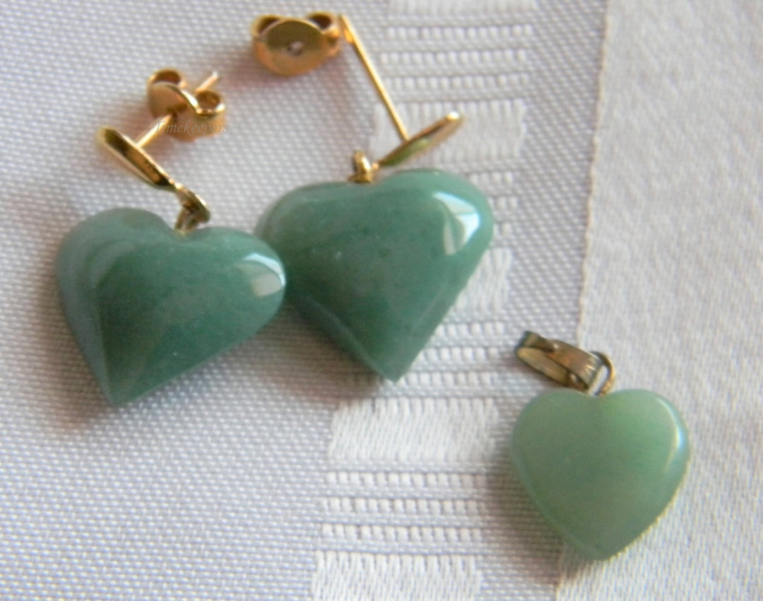 h997 Beautiful Gold Filled Jade Heart Dangle Earrings and Pendant