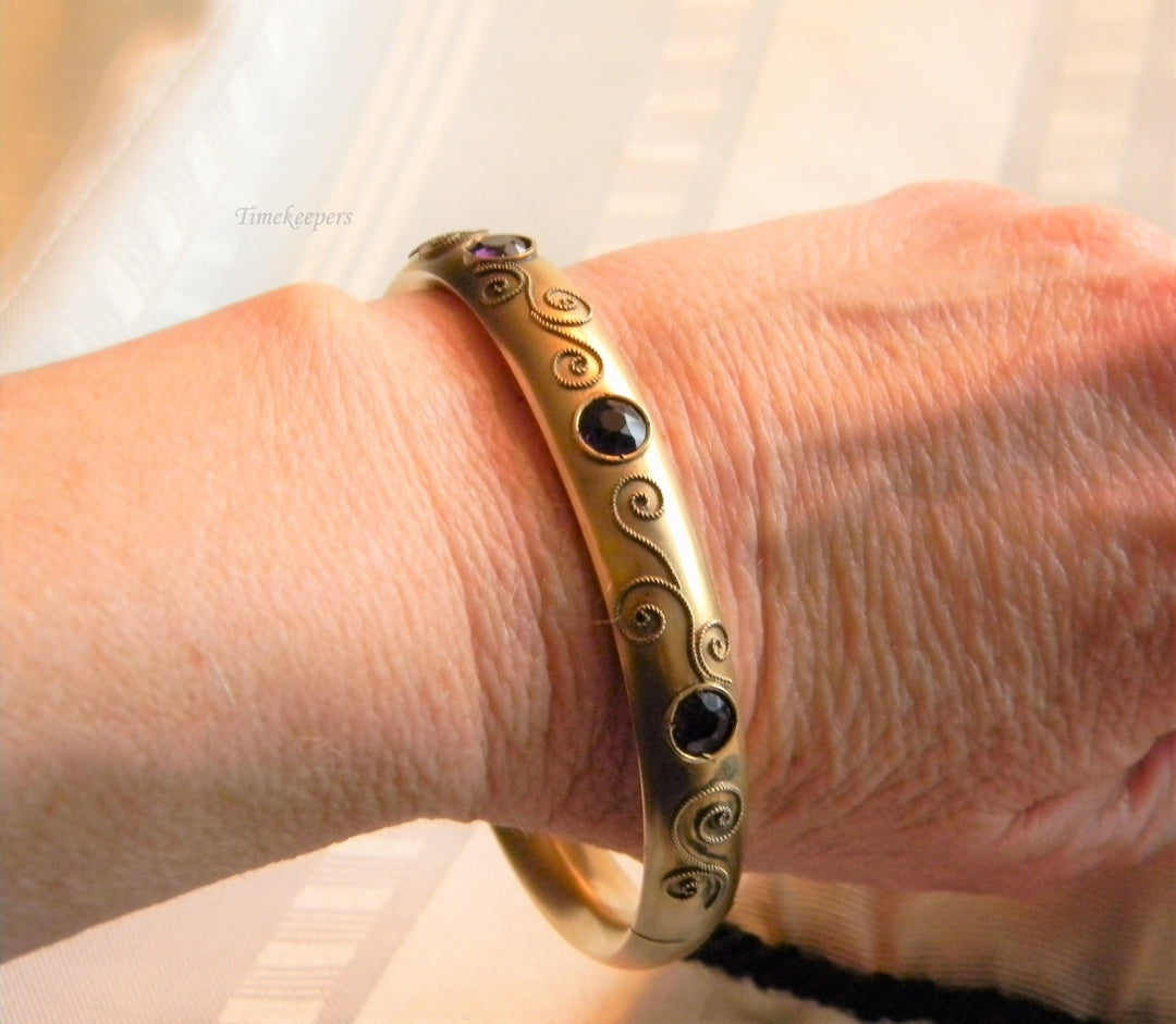 p011 Stunning Gold Filled Hinged Bangle Bracelet with Amethyst Stones