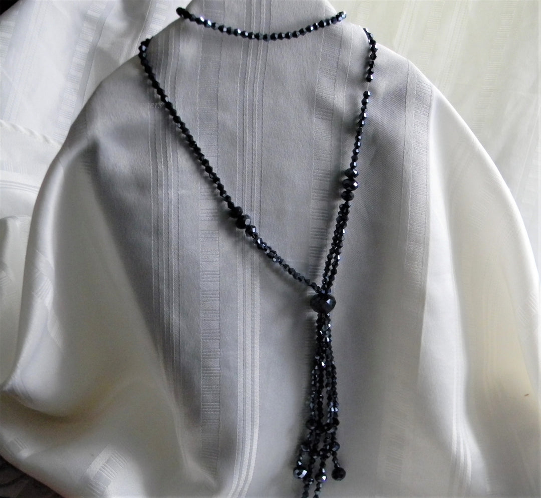 p015 Beautiful Dark Blue Borealis Beaded Tassel Continuous Necklace