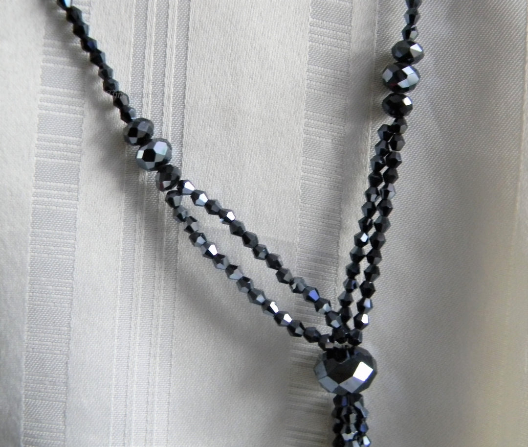 p015 Beautiful Dark Blue Borealis Beaded Tassel Continuous Necklace