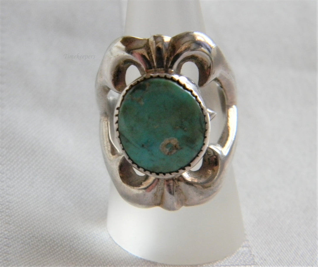 p028 Beautiful Filigree Sterling Silver Ring with Bezel set Oval Turquoise