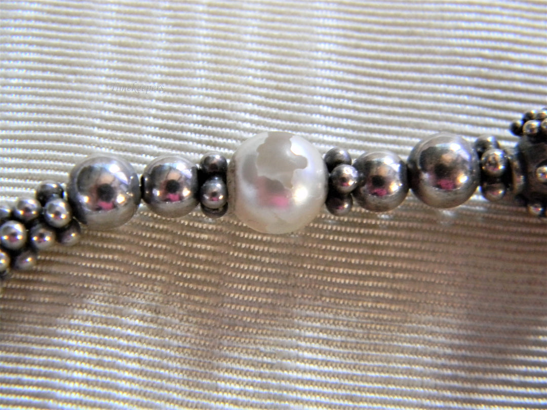 j799 Beautiful Beaded Sterling Silver Bracelet with Faux Pearls and Slide Clasp