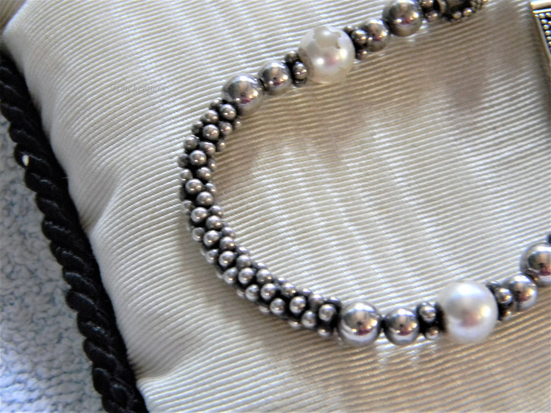 j799 Beautiful Beaded Sterling Silver Bracelet with Faux Pearls and Slide Clasp