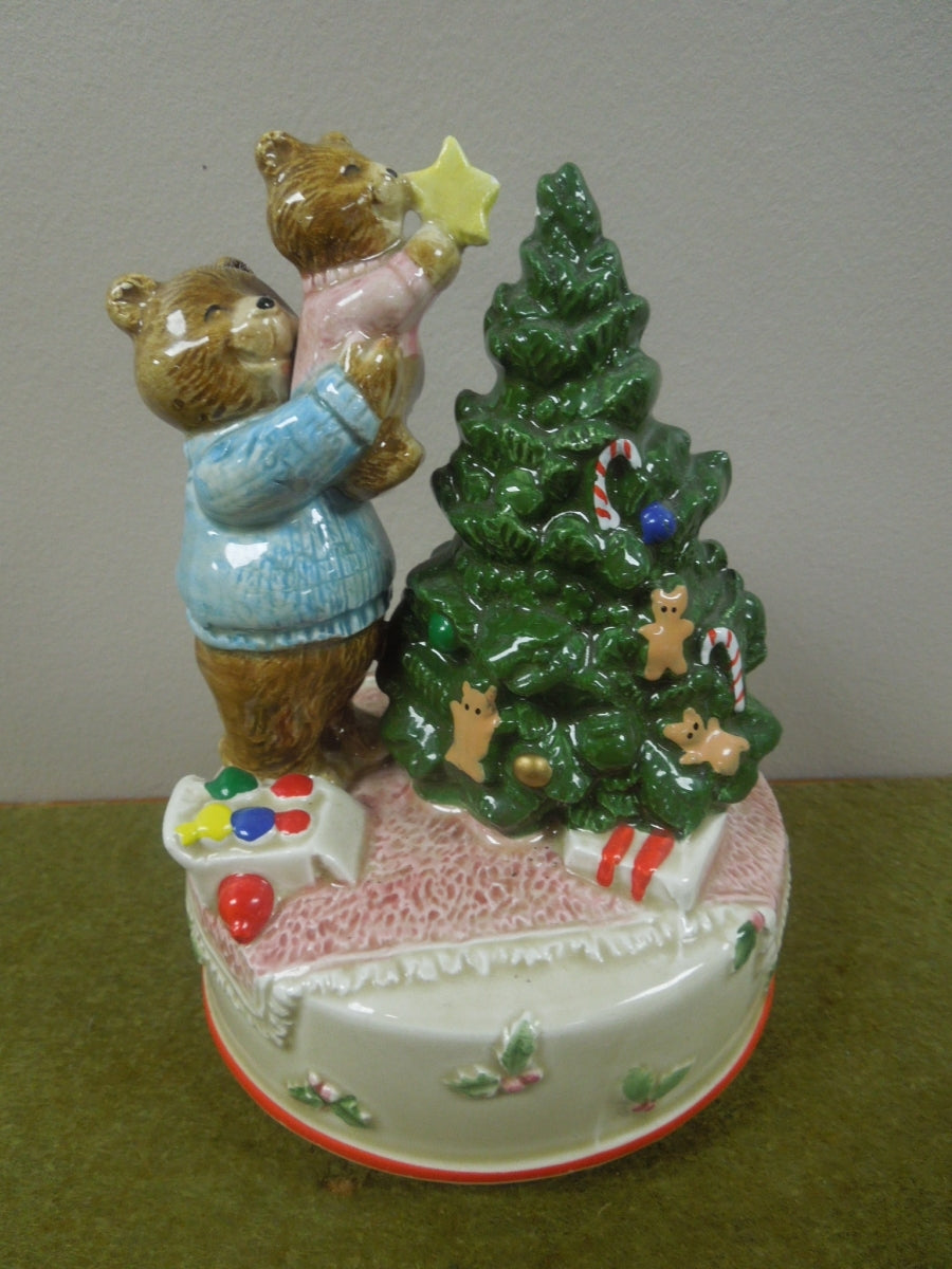 q803 Vintage Ceramic Christmas Tree Music Box Plays "We wish you a Merry Christmas"