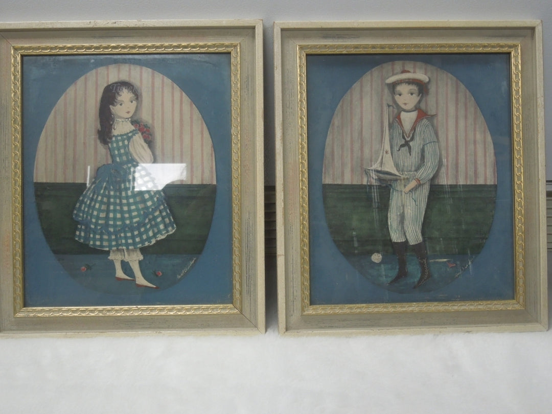 q809 Mid Century Carol Blanchard Folk Art Boy and Girl Framed Wall Hanging - Made in USA by Turner Wall Accessories - Kids Room Art