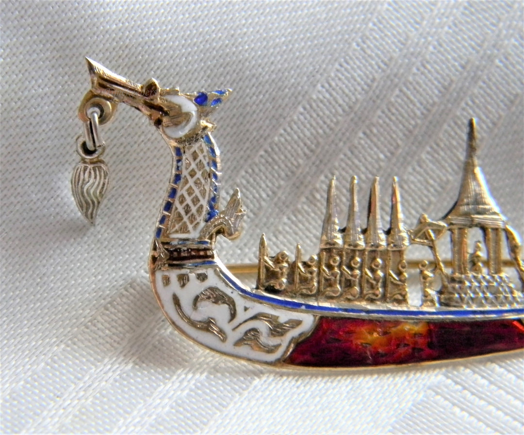 p056 Vintage Gold Plated and Enamel Dragon Ship Brooch