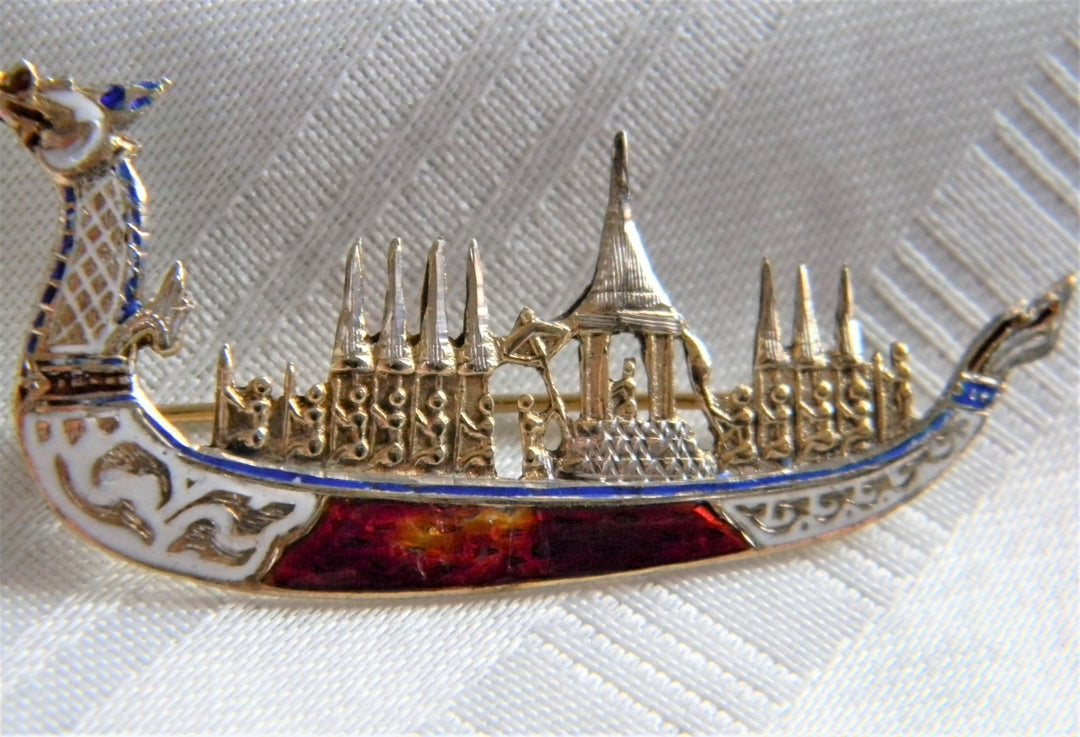 p056 Vintage Gold Plated and Enamel Dragon Ship Brooch