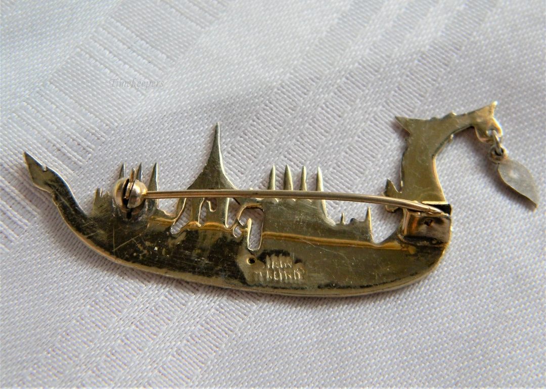 p056 Vintage Gold Plated and Enamel Dragon Ship Brooch