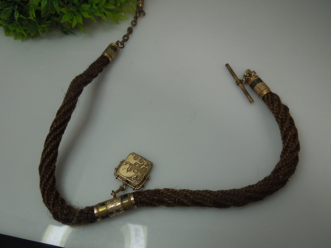 q816 Antique Victorian Woven Hair Pocket Watch Chain 1800s Mourning In Memory Braided Brown Hairwork Gold Filled Jewelry