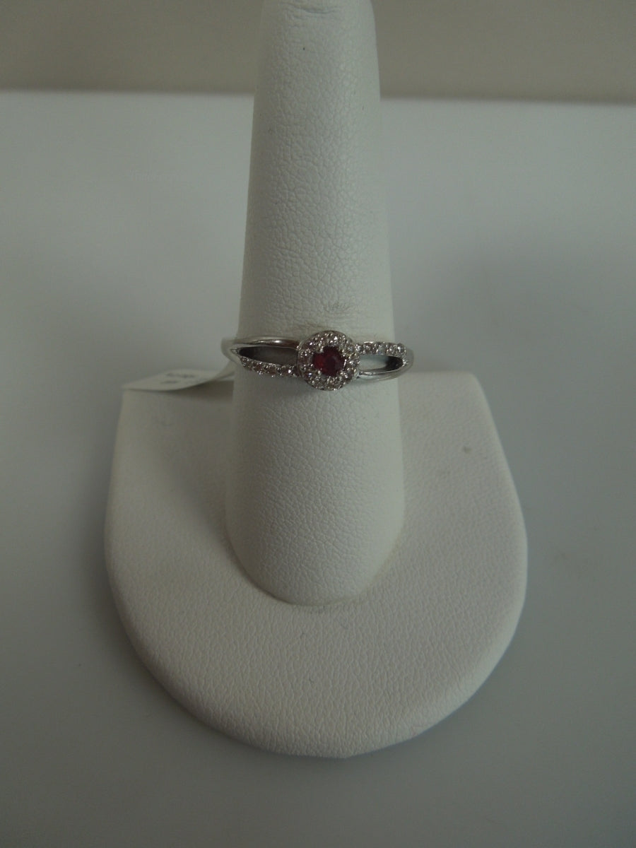 q827 10k White Gold Diamond .10 cts Ruby Ring Size 8.75(USA) Signed 2.4 g