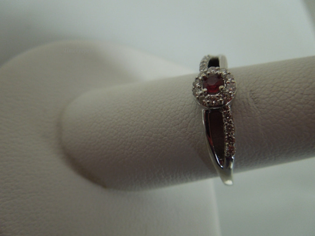 q827 10k White Gold Diamond .10 cts Ruby Ring Size 8.75(USA) Signed 2.4 g