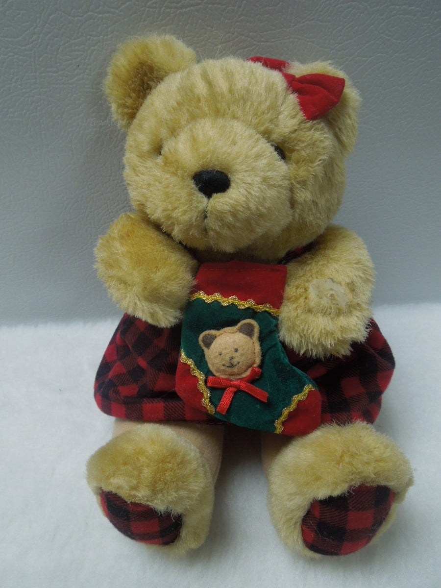 q835 RARE Vintage Chrisha Playful Plush Teddy Bear wear Red Tartan dress 10" Stuffed Animal Toys