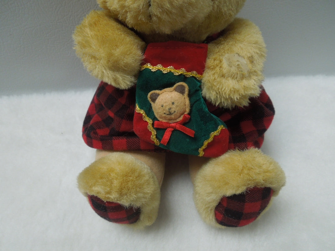 q835 RARE Vintage Chrisha Playful Plush Teddy Bear wear Red Tartan dress 10" Stuffed Animal Toys