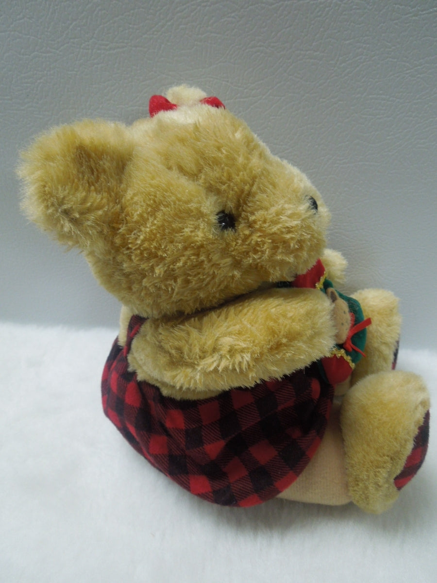 q835 RARE Vintage Chrisha Playful Plush Teddy Bear wear Red Tartan dress 10" Stuffed Animal Toys