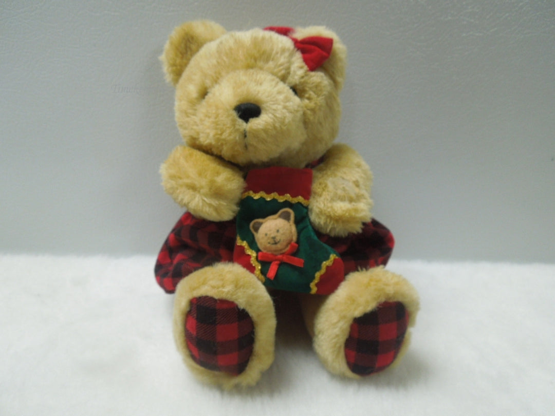 q835 RARE Vintage Chrisha Playful Plush Teddy Bear wear Red Tartan dress 10" Stuffed Animal Toys