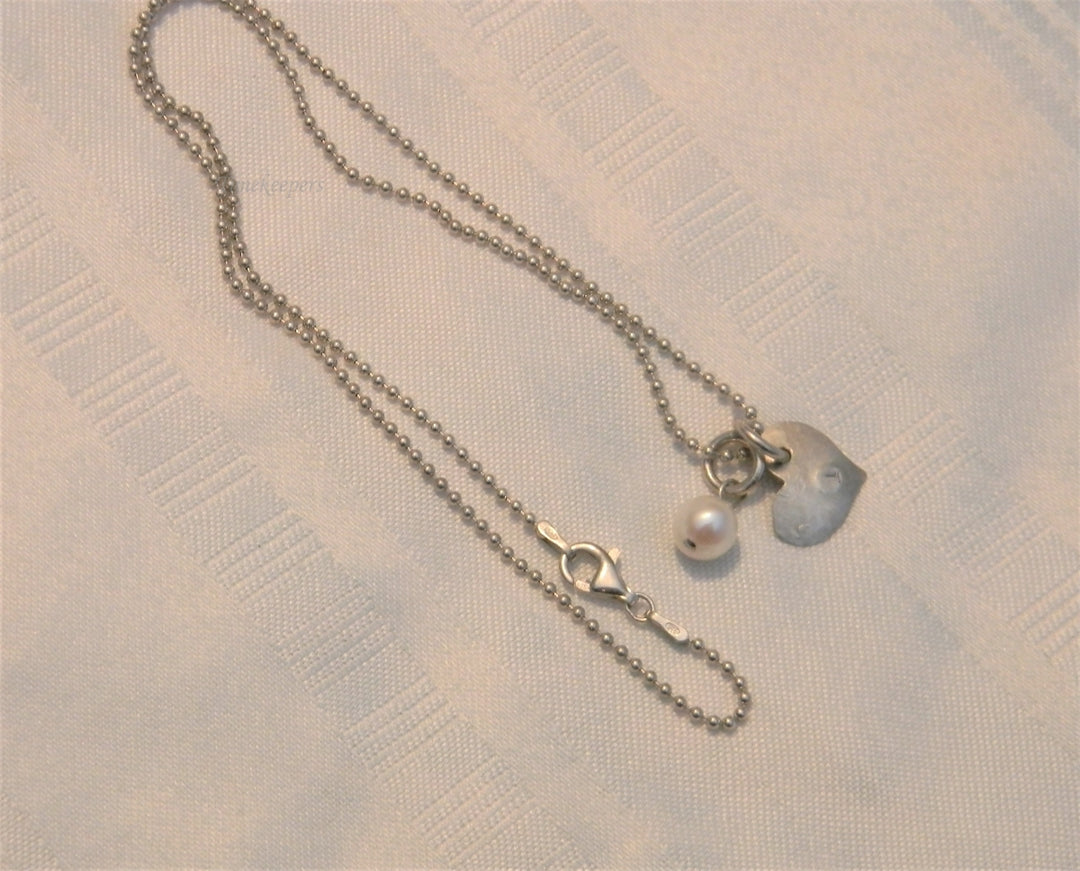 p089 Beautiful 925 Sterling Silver Neck Ball Chain with Pearl and Heart Pendant